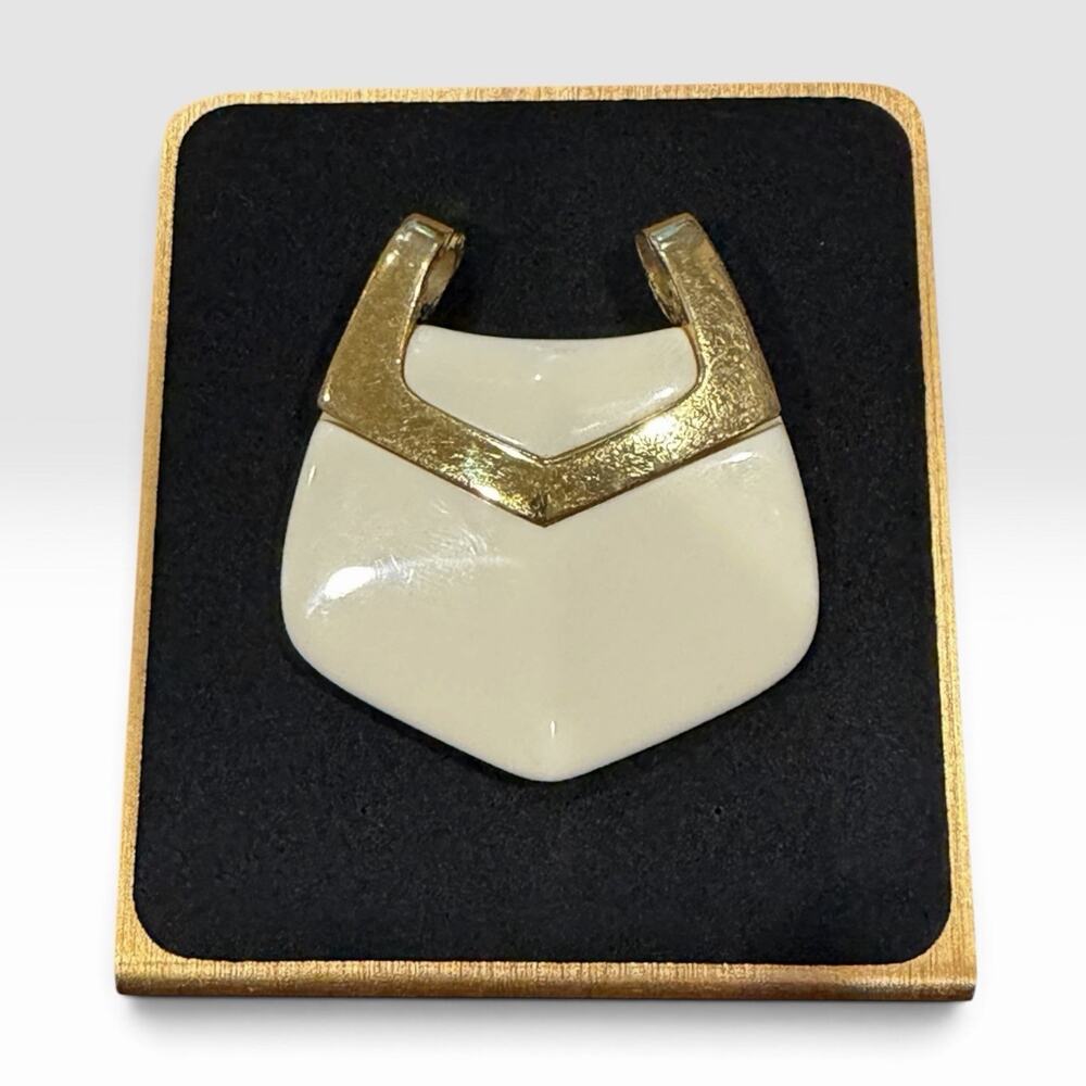 Crown Trifari Cream Lucite Gold Tone Shield Pendant Slider Modernist Vintage 60s